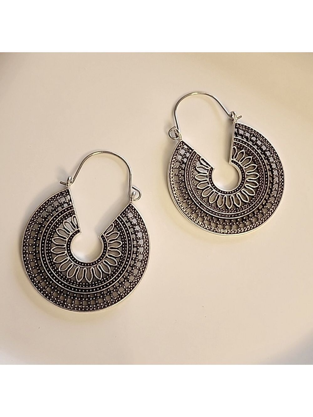 BOHO Gypsy Flower Tribal Hoop Earrings GREAT Tribal Detail HP